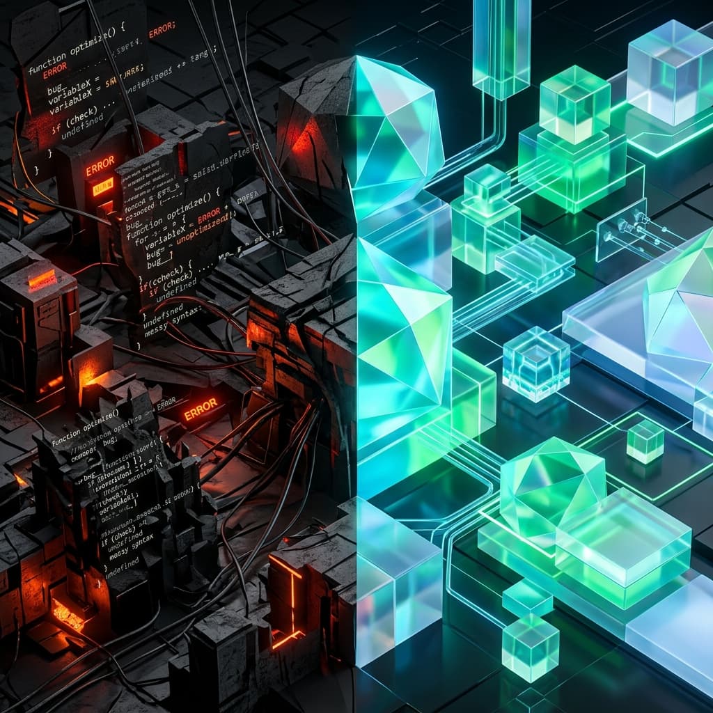 Conceptual art of messy development code versus a smooth, glowing production build